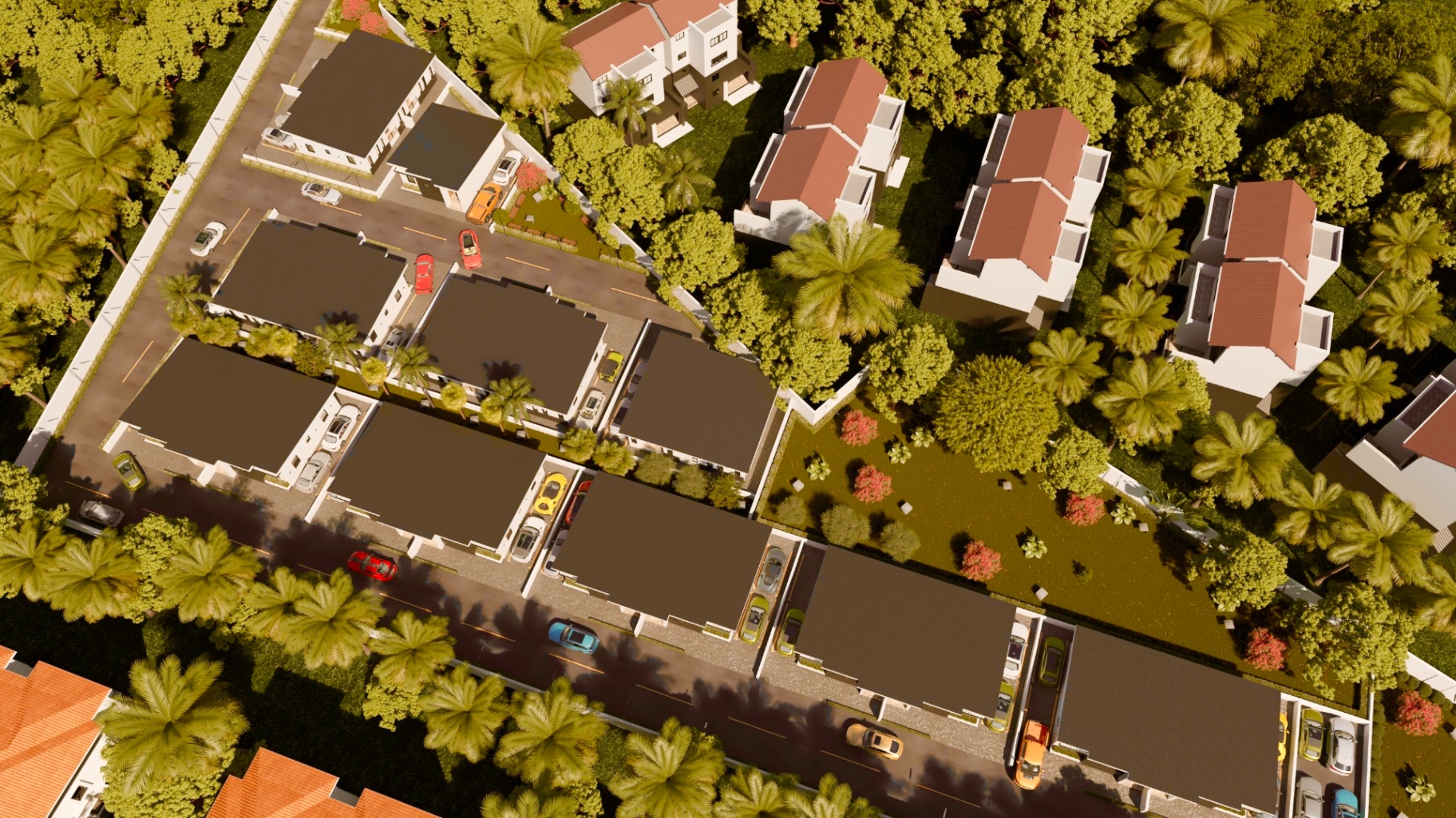 Aerial layout of the estate showing rows of homes surrounded by palm trees