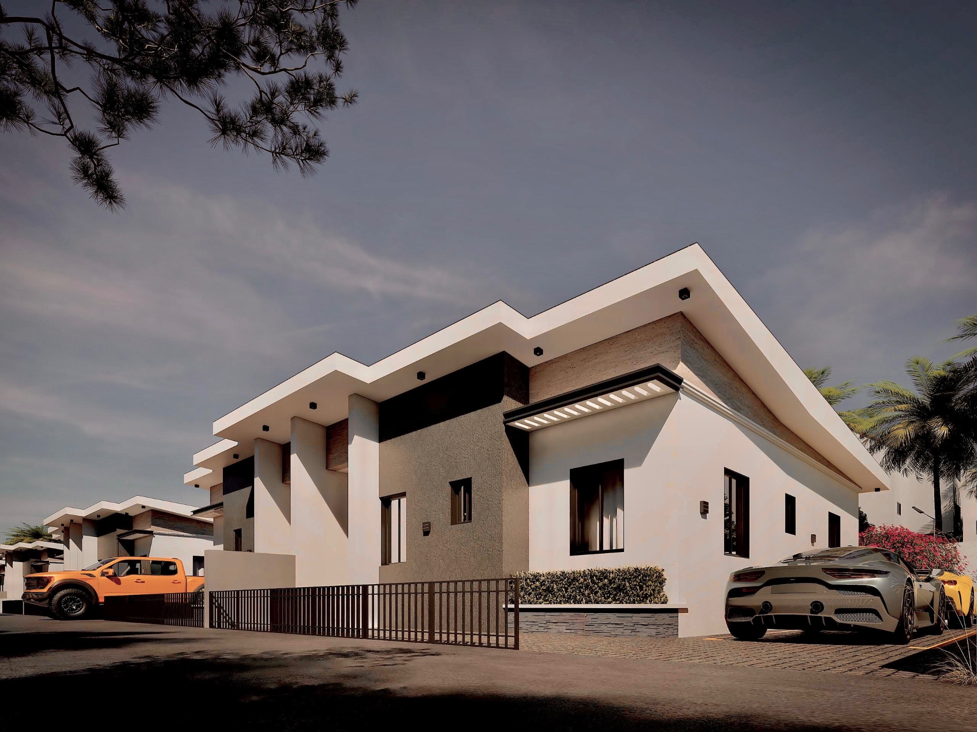 Bungalow corner view at dusk at Golden Palace Residences Poka, Epe